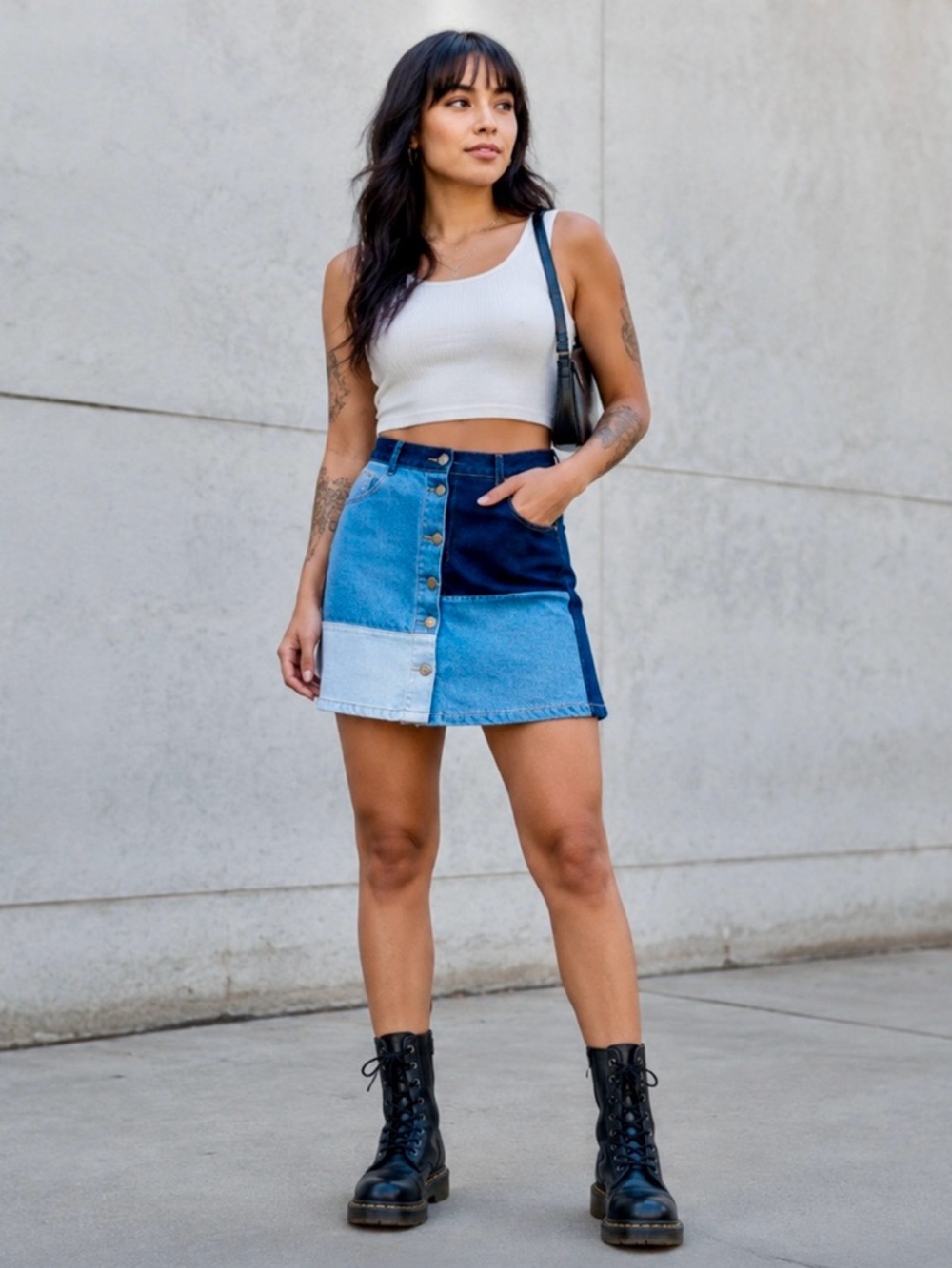 H&M Divided Colorblock Patchwork Denim Mini Skirt | Button Front | 24" Waist
